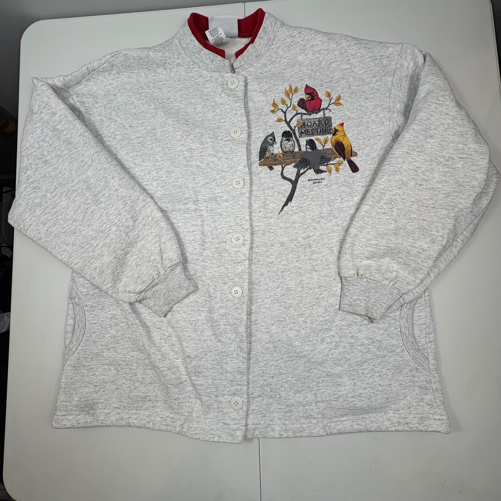 Vintage Morning Sun Board Meeting Birds Button Front Sweatshirt USA Large